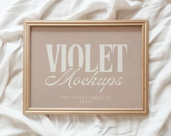 Horizontal Gold Frame on Sheets Mockup | Digital PSD JPG Mockup | Simple Front-Facing Modern Picture Frame Mockup | Photoshop Frame Mockup