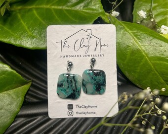 Forest Green Mosaic Polymer Clay Earrings //  Handmade Polymer Dangle Drop Clay Earrings