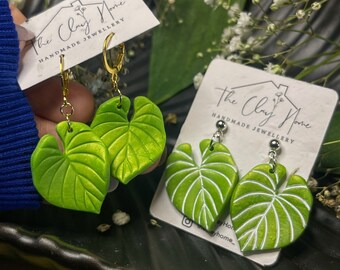 Green Leaf Polymer Clay Earrings / Summer Lightweight Durable/ Dangle Olive Green Shimmer Polymer Clay