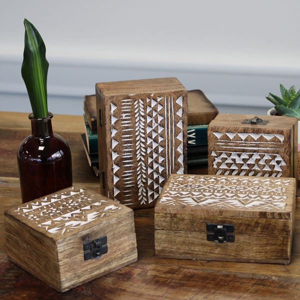 White Washed Wooden Box,  Wooden Jewellery Box - Aztec and Slavic Design ,  carved mango wood box hand crafted in India