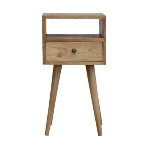 Mini Oak-ish Bedside  1 small drawer giving the piece extra character and dimension. It has 4 Scandinavian style legs to modernize your home