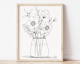 Original Floral Bouquet Ink Sketch - Everlasting Flowers Art Print -  Neutral Print - Original Art - Unframed Minimalist Art - Hand Drawn