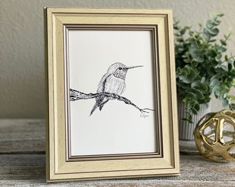 Original Hummingbird Ink Sketch - Hummingbird at Rest Art Print -  Neutral Art Print - Original Art - Unframed Minimalist Art - Hand Drawn