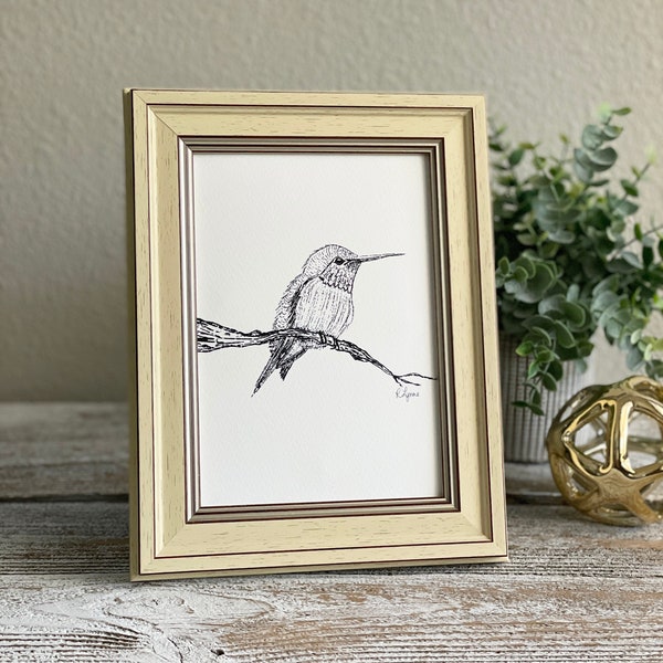 Original Hummingbird Ink Sketch - Hummingbird at Rest Art Print -  Neutral Art Print - Original Art - Unframed Minimalist Art - Hand Drawn