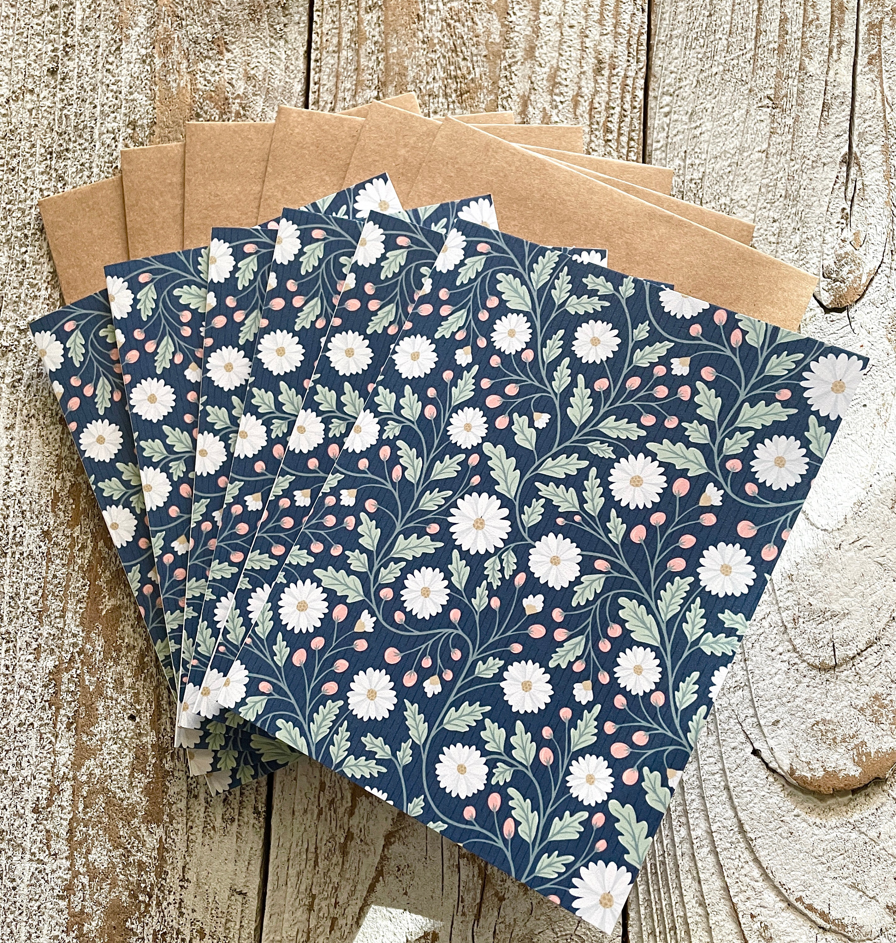 Wildflower Daisies Note Cards - Set of 6 Notecards - Navy Floral ...