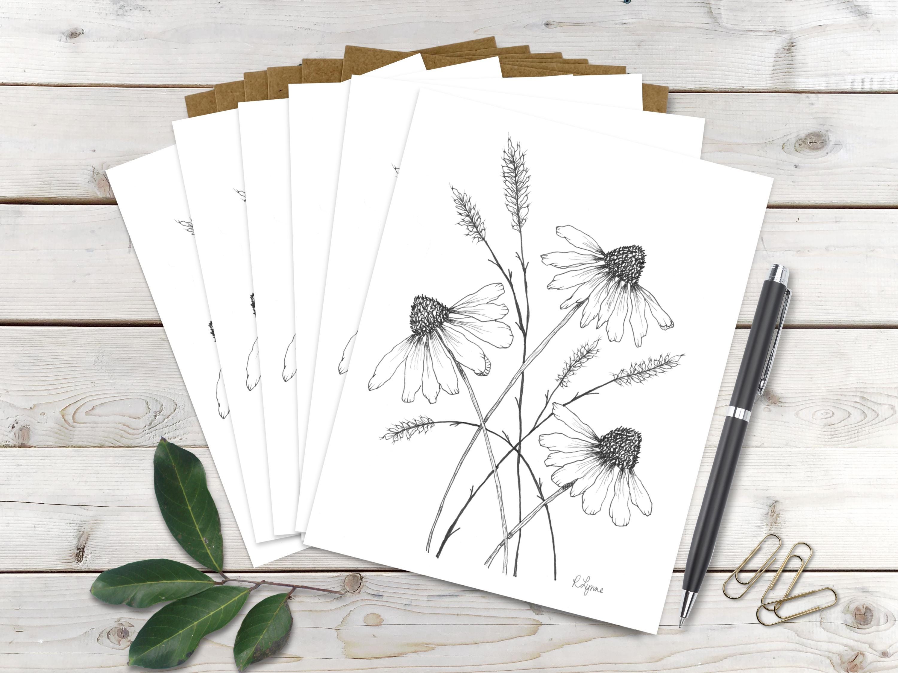 Fall Wildflower Ink Drawing Handmade Art Note Cards - Set of 6 Note ...