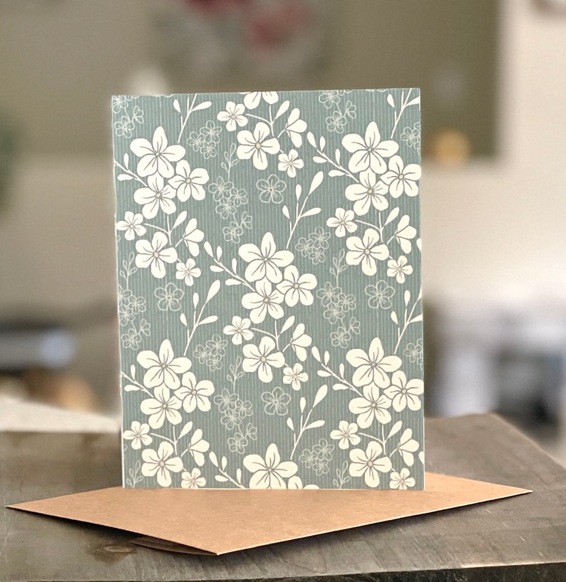 Sage Green Floral Patterned Note Cards - Set of 6 Notecards - Ivory ...