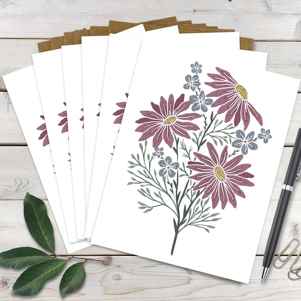 Lot de 6 cartes de correspondance aquarelle bouquet de gerberas marguerites - lot de 6 cartes de correspondance originales
