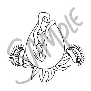 May include: Black and white line art illustration of a Venus flytrap plant. The plant is open, revealing the inner structure, with two smaller traps on either side. The word "SAMPLE" is printed diagonally across the image.