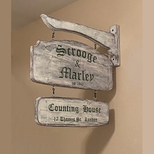 Scrooge & Marley Weathered Sign - Two Piece Sign with Mounting Bracket - Hand Crafted - Rustic Christmas