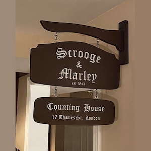 Scrooge & Marley Sign - A Christmas Carol - Double sided - Wood bracket