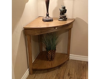 Oak Corner Table with Drawer and Shelf - Solid Oak Construction