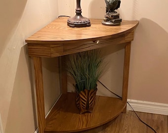 Oak Corner Table with Drawer and Shelf - Solid Oak Construction