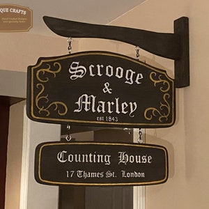 Scrooge & Marley Deluxe Hanging Sign - A Christmas Carol - Double sided - Wood bracket