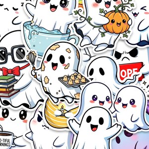 May include: A collection of white ghost stickers with various expressions and accessories. Some ghosts are holding a pumpkin, baking, or wearing glasses. The stickers have black eyes and smiling mouths, with a cartoon style.