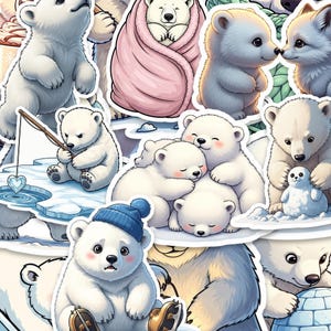 Op de afbeelding: Een verzameling witte ijsbeerstickers in verschillende poses. Sommige beren vissen, knuffelen, dragen hoeden of zijn in een roze deken gewikkeld. De stickers hebben een cartoonstijl met zachte schaduwen en schattige uitdrukkingen.