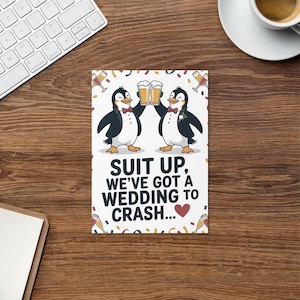 Cartão de Proposta Engraçado para Padrinhos com Pinguins – Convite de Casamento para Padrinhos, Cartão Humorístico com Cerveja, Cartão de Casamento com Festa de Animais