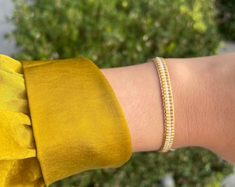 Bracelet tissé ajustable en perles miyuki blanc et doré