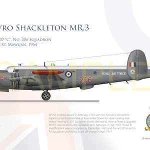 May include: A grey and white Avro Shackleton MR.3 aircraft with the text "XF707" and "206" on the side. The aircraft is a military plane with a red, white and blue roundel on the tail. The text "ROYAL AIR FORCE" is printed on the side of the aircraft.