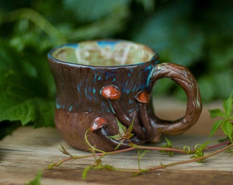 Wood Grain Mushroom Mug, Botanical Pottery Handmade Ceramic Coffee Mug, Woodland Nature Inspired Tree Bark Texture Handcrafted Mug