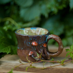 Wood Grain Mushroom Mug, Botanical Pottery Handmade Ceramic Coffee Mug, Woodland Nature Inspired Tree Bark Texture Handcrafted Mug