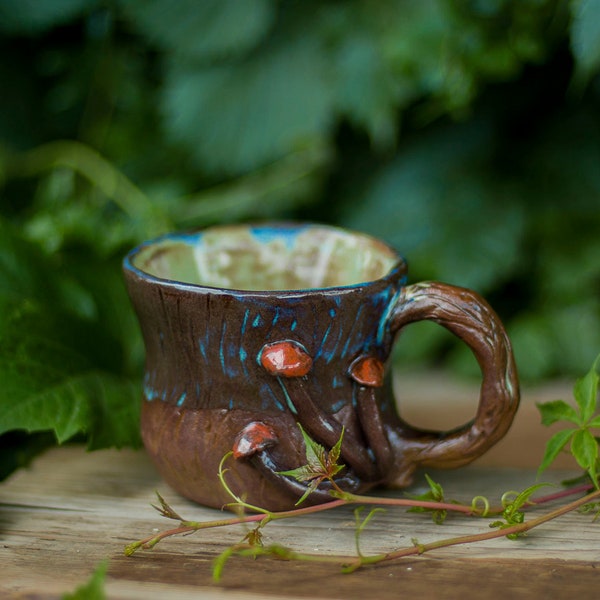Wood Grain Mushroom Mug, Botanical Pottery Handmade Ceramic Coffee Mug, Woodland Nature Inspired Tree Bark Texture Handcrafted Mug