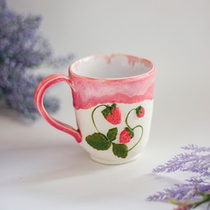 Pink Strawberry Ceramic Mug, Cute Coffee Mug, Unique Handmade Pottery, Handcrafted 3d Sculpted Strawberries, Nature Inspired Botanical Mug