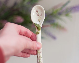 Lavender Ceramic Spoon, Handmade Pottery Spoon for Spices, Botanical Nature Inspired Ceramics, Decorative Spoon