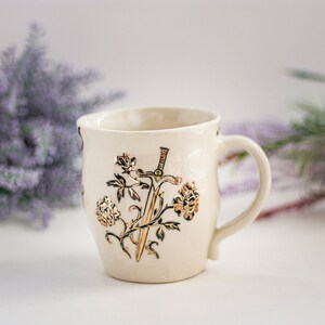 Ceramic Mug With Handpainted Golden Swords Roses and Thorns, Handmade 22Karat Gold Pottery, Unique Book Lover Cup, Gothic Girlfriend Gift