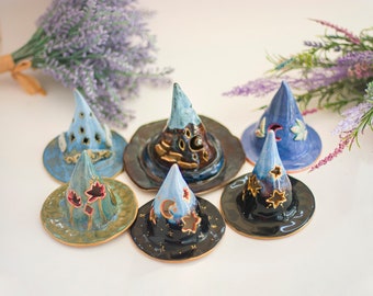 Ceramic Witch Hat, Miniature Witchy Hats, Handmade Fall Decor, Decorative Candle Holders, Pottery Tealight Luminary, Backflow Incense Burner