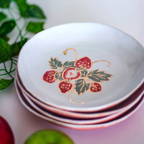 Strawberry Ceramic Pink Pasta Bowl, Handmade Dinner Plate, Unique Stoneware Serving Dish, Gold Luster Pottery, Shallow Salad Bowl