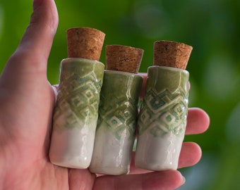 Ceramic Apothecary Jar Set Of 3, Small Corked Potion Bottles, Decorative Handmade Pottery, Green Witch Spell Jars,Herbalist Miniature Bottle