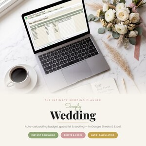 Intimate Wedding Planner Spreadsheet, Budget, Guest List, Seating Chart (Google Sheets, Excel)