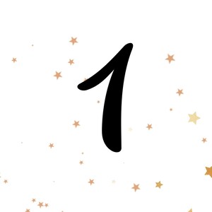 Può includere: Un numero uno scritto a mano in nero su uno sfondo bianco con un motivo sparsi di stelle dorate e marroni.