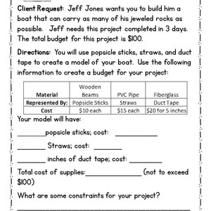 K&ouml;nnte beinhalten: Ein Arbeitsblatt f&uuml;r ein Bootsbauprojekt. Das Arbeitsblatt enth&auml;lt Anweisungen, eine Budgettabelle und Platz f&uuml;r die Sch&uuml;ler, um ihre Ideen aufzuschreiben. Das Projekt erfordert von den Sch&uuml;lern, ein Boot zu bauen, das so viele Steine wie m&ouml;glich transportieren kann, indem sie Eis am Stiel, Strohhalme und Klebeband verwenden. Das Gesamtbudget f&uuml;r das Projekt betr&auml;gt 100 &euro;.
