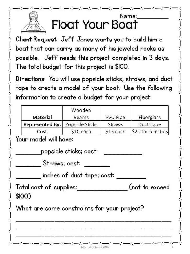 K&ouml;nnte beinhalten: Ein Arbeitsblatt f&uuml;r ein Bootsbauprojekt. Das Arbeitsblatt enth&auml;lt Anweisungen, eine Budgettabelle und Platz f&uuml;r die Sch&uuml;ler, um ihre Ideen aufzuschreiben. Das Projekt erfordert von den Sch&uuml;lern, ein Boot zu bauen, das so viele Steine wie m&ouml;glich transportieren kann, indem sie Eis am Stiel, Strohhalme und Klebeband verwenden. Das Gesamtbudget f&uuml;r das Projekt betr&auml;gt 100 &euro;.