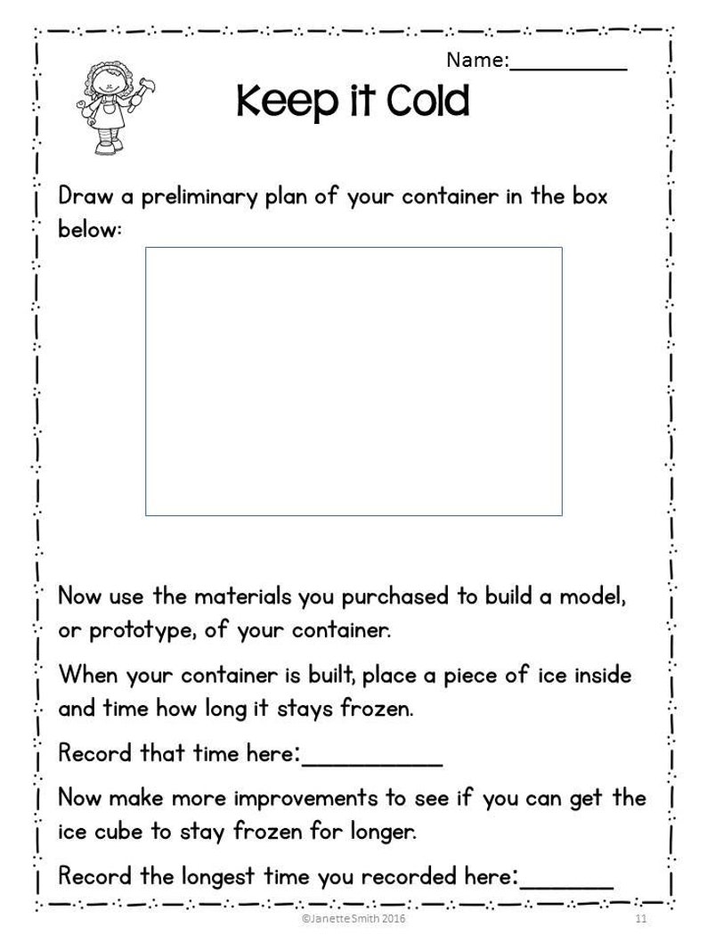 K&ouml;nnte beinhalten: Schwarzwei&szlig;-Illustration eines M&auml;dchens, das einen Hammer h&auml;lt. Der Text "Keep it Cold" ist in Schwarz geschrieben. Ein leeres Feld ist zum Zeichnen eines Plans vorgesehen. Der Text "Draw a preliminary plan of your container in the box below" ist in Schwarz geschrieben. Der Text "Now use the materials you purchased to build a model, or prototype, of your container." ist in Schwarz geschrieben. Der Text "When your container is built, place a piece of ice inside and time how long it stays frozen." ist in Schwarz geschrieben. Der Text "Record that time here" ist in Schwarz geschrieben. Der Text "Now make more improvements to see if you can get the ice cube to stay frozen for longer." ist in Schwarz geschrieben. Der Text "Record the longest time you recorded here" ist in Schwarz geschrieben.