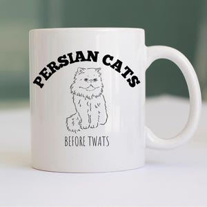 May include: White ceramic mug featuring a black illustration of a Persian cat and the text "PERSIAN CATS" above the cat and "BEFORE TWATS" below. The mug has a curved handle.