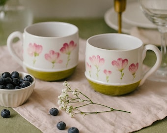 Handmade Pink Floral Stoneware Mug – Cottagecore Tea Cup