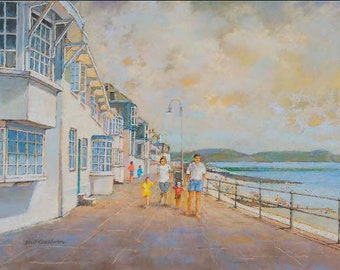 May include: A painting of a family walking along a seaside promenade. The family is made up of two adults and two children. The adults are wearing casual clothing and the children are wearing bright colors. The promenade is lined with white buildings and there is a view of the ocean in the background.