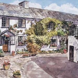 May include: A watercolor painting of a white cottage with a stone facade and a lush green courtyard. The cottage has a slate roof and windows with white trim. The courtyard is surrounded by a stone wall and has a variety of plants and flowers.