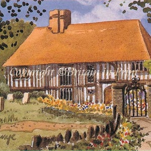 May include: Watercolor painting of a traditional English timber-framed house with a thatched roof. The house is surrounded by a garden with flowers and a stone wall. The painting is signed "M. Savage".