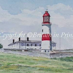 May include: A watercolour painting of a red and white lighthouse with a white building in the foreground. The sky is blue with white clouds. The text "Copyright © Britain in Print" is visible in the image.