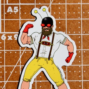 May include: A cartoon illustration of a strong man wearing a white shirt, yellow pants, suspenders, and a black mask with red goggles. He has a thick brown beard and red antennas. The illustration is on a white background.