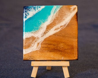 Resin Ocean Wave Art Tiles, Coasters or Trivets. 6 x 6 inch hand painted resin ocean wood tile