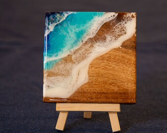 Resin Ocean Wave Art Tiles, Coasters or Trivets. 6 x 6 inch hand painted resin ocean wood tile