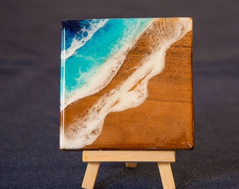 Resin Ocean Wave Art Tiles, Coasters or Trivets. 6 x 6 inch hand painted resin ocean wood tile