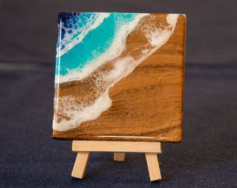 Resin Ocean Wave Art Tiles, Coasters or Trivets. 6 x 6 inch hand painted resin ocean wood tile