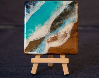 Resin Ocean Wave Art Tiles, Coasters or Trivets. 6 x 6 inch hand painted resin ocean wood tile
