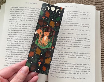 Woodland fox double-sided bookmark, cottagecore bookish gift for readers, fairycore, mushrooms, acorns, stocking stuffers, bibliophile, moon